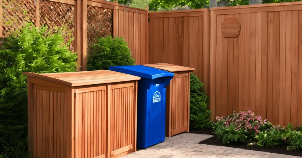 Custom wooden box for trash can storage ideas, crafted from cedar with sliding doors and lattice walls to enhance outdoor spaces.