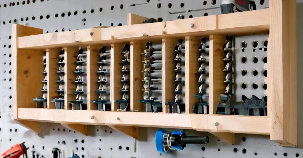 Drill Bit Storage Ideas: Customizable drill bit rack with French cleats for easy organization in a workshop.