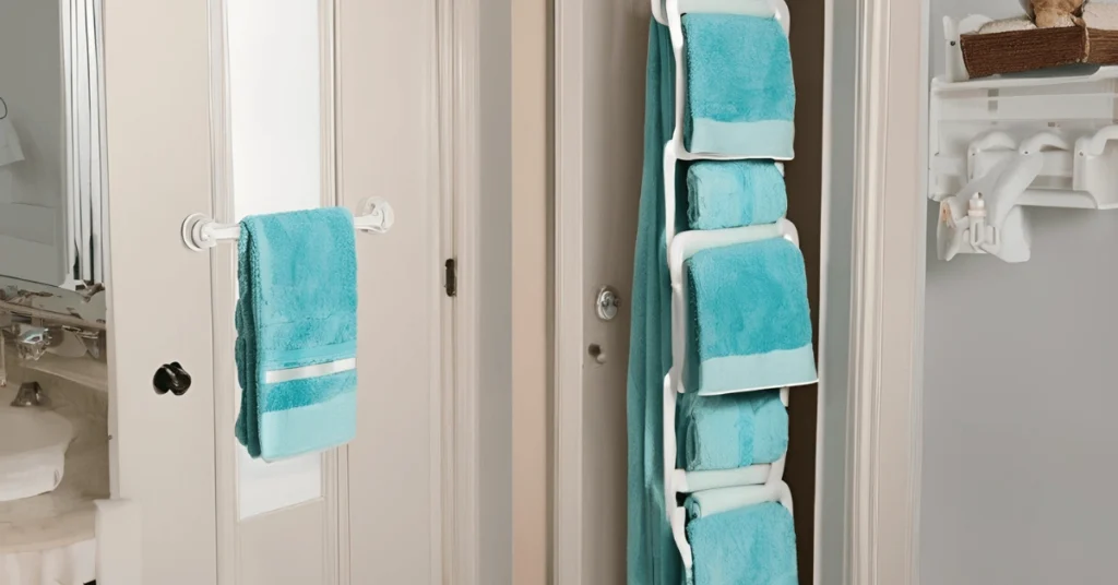 Over-the-Door Towel Rack: A convenient towel storage solution using an over-the-door rack to maximize space in small bathrooms. Bathroom Towel Storage Ideas. 