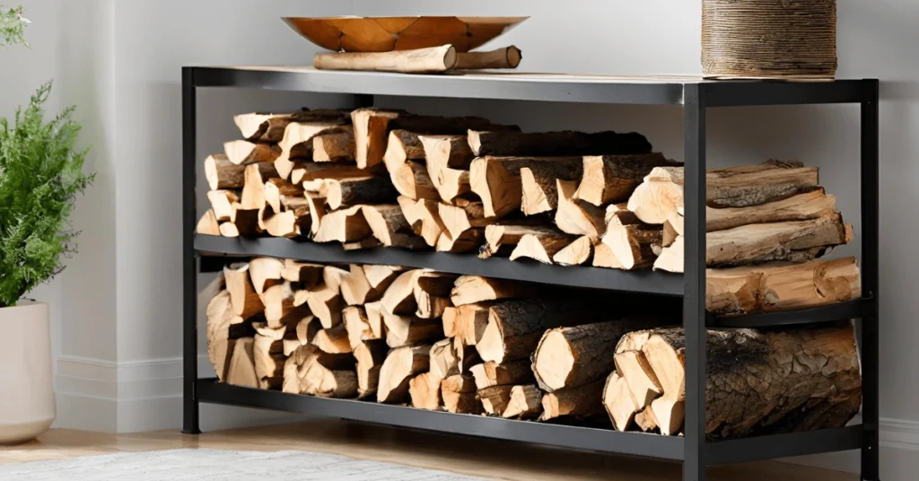 A traditional log rack placed near a fireplace, showcasing practical and rustic Indoor Firewood Storage Ideas.