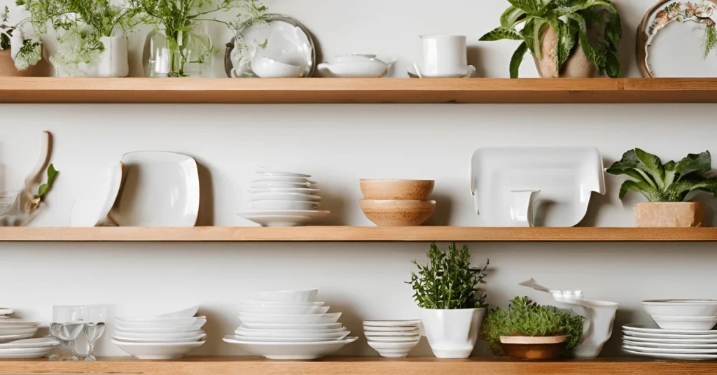 Floating shelves showcasing fine china and small plants, a sleek and modern option for dining room storage ideas.