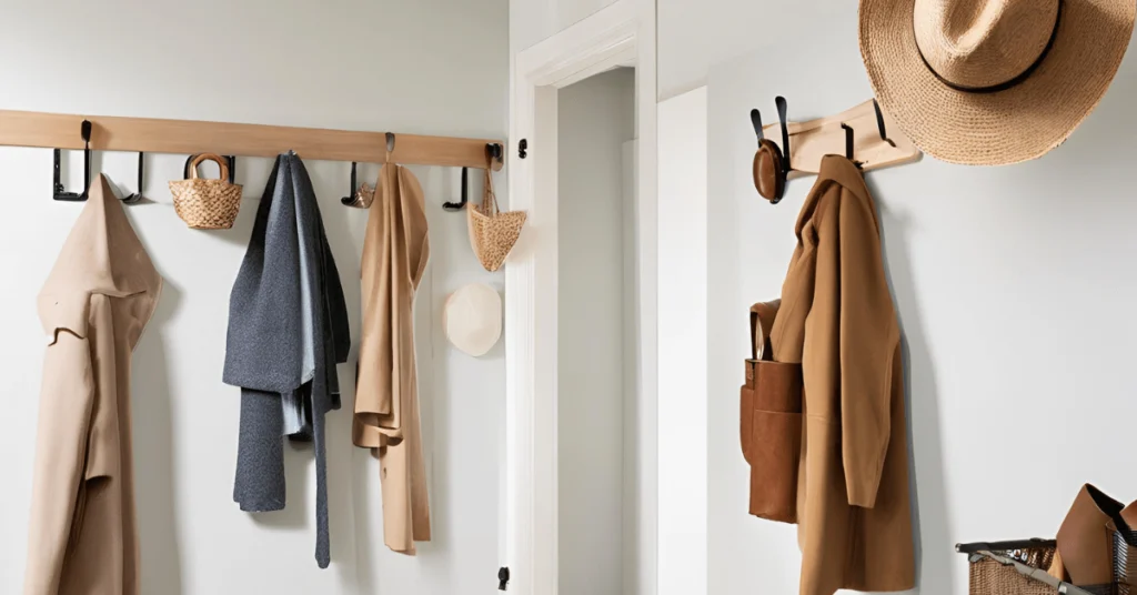 Wall-mounted coat rack in a small entryway, showcasing neatly hung coats, hats, and bags with added shelves for storage—perfect entryway coat rack ideas for small spaces.