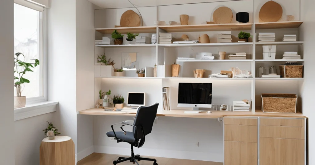 Garage ideas with computer desk: Built-in desk featuring cabinets for storage above and below, maximizing space.