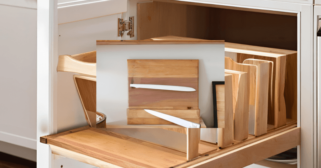 Cutting board storage ideas showcasing organized boards in a cabinet with dividers.