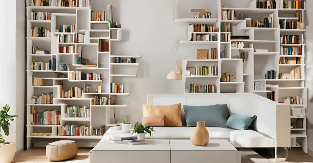 Modern floating bookshelves as innovative book storage ideas for small spaces.