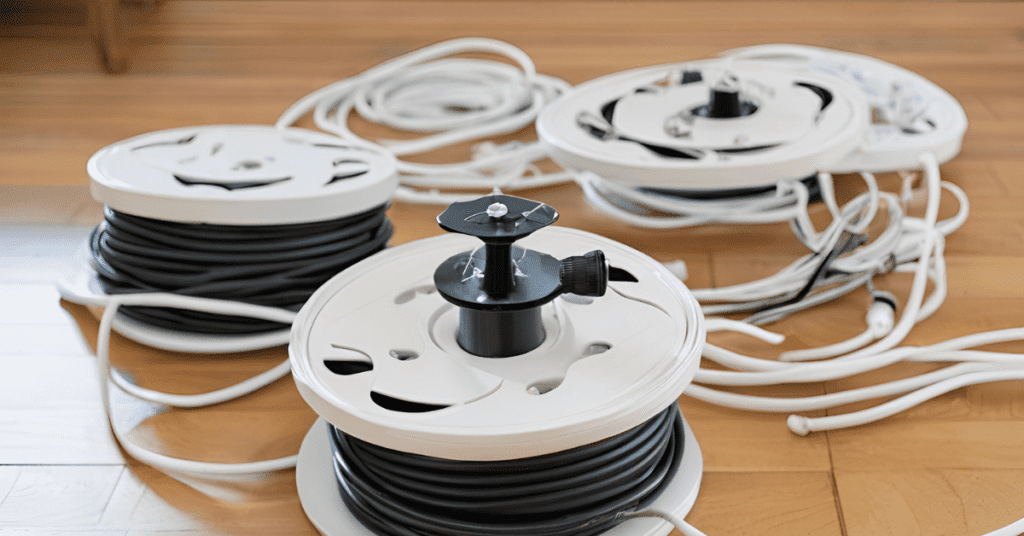 Electrical cord storage ideas with cord reels for neatly organizing long extension cords.