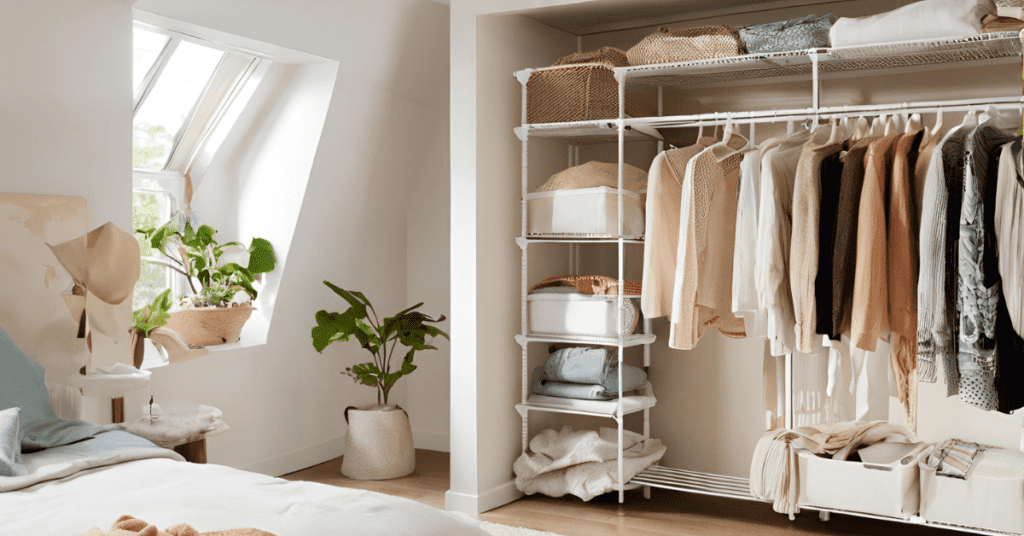 Small Open Closet Ideas maximizing vertical storage in a compact bedroom.