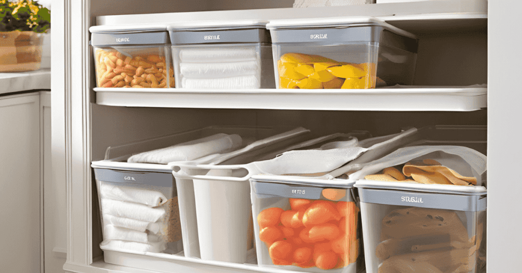 Storage ideas for above kitchen cabinets using stackable bins for organizing kitchen items.