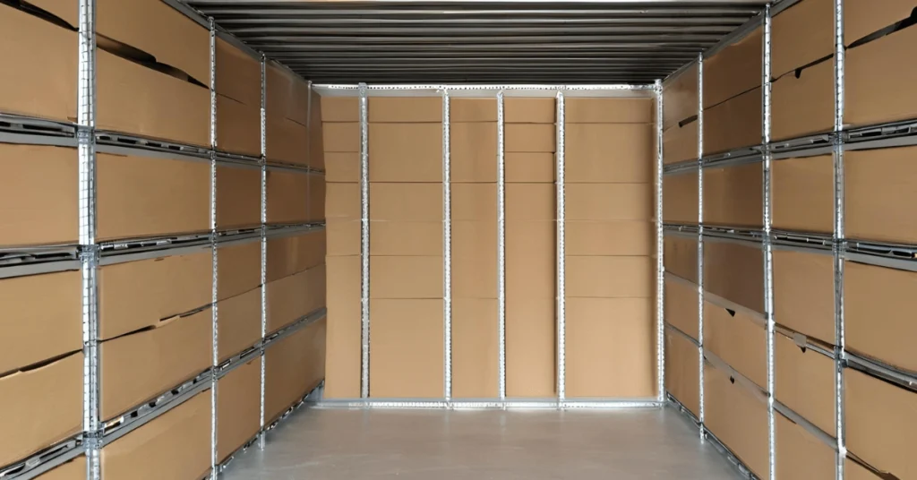 Conex box shelving with a multi-tiered system for vertical organization, showcasing efficient shipping container storage ideas.