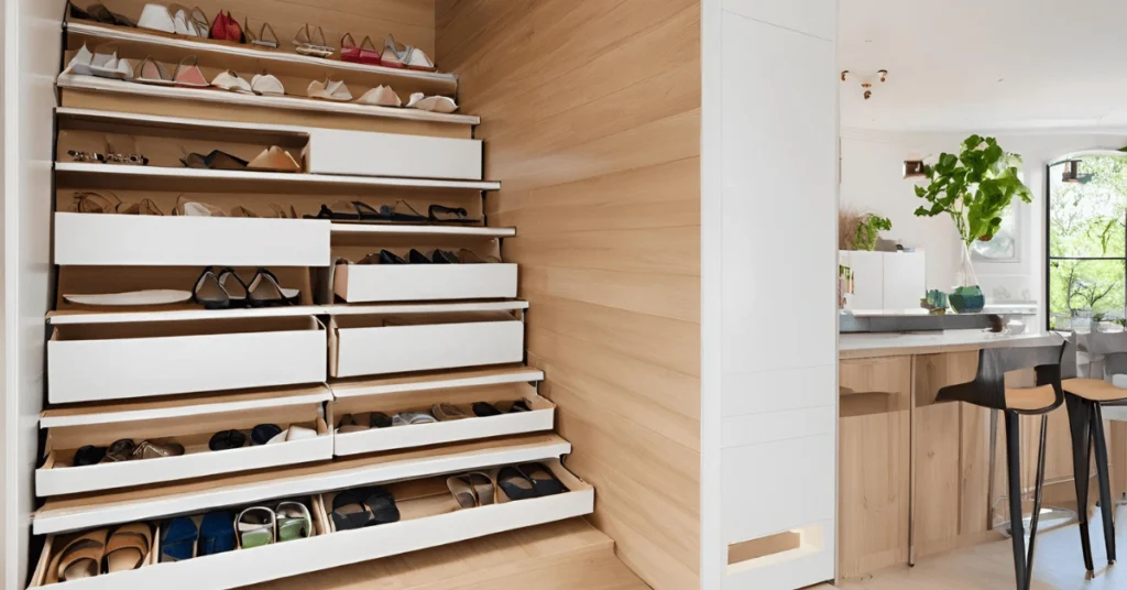 Storage staircases with built-in drawers for space-saving tiny house loft stairs, maximizing functionality with hidden storage.